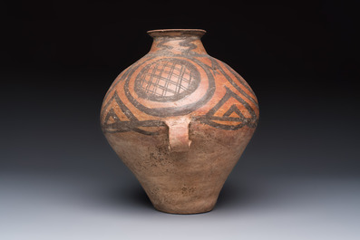 A Chinese painted pottery jar with geometric design, Neolithic period, Majiayao culture, 3rd millennium B.C.