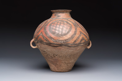 A Chinese painted pottery jar with geometric design, Neolithic period, Majiayao culture, 3rd millennium B.C.