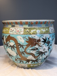 A Chinese famille rose turquoise-ground Dayazhai-style 'Dragons' fish bowl or jardini&egrave;re, 19th C.
