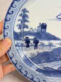 A pair of Chinese blue and white 'Scheveningen' or 'Nabeshima' plates, Kangxi/Yongzheng