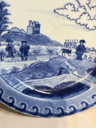 A pair of Chinese blue and white 'Scheveningen' or 'Nabeshima' plates, Kangxi/Yongzheng