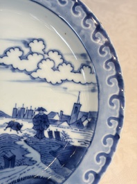 A pair of Chinese blue and white 'Scheveningen' or 'Nabeshima' plates, Kangxi/Yongzheng