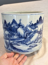 A Chinese blue and white 'Landscape' tripod censer, 20th C.