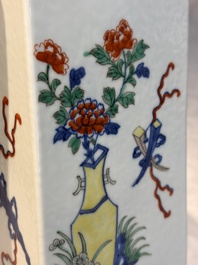 A pair of Chinese famille verte 'Antiquities' square vases, 19th C.