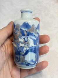 A Chinese blue, white and copper-red snuff bottle with narrative design, 19th C.