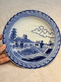 A pair of Chinese blue and white 'Scheveningen' or 'Nabeshima' plates, Kangxi/Yongzheng