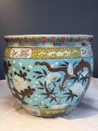A Chinese famille rose turquoise-ground Dayazhai-style 'Dragons' fish bowl or jardini&egrave;re, 19th C.