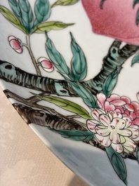 A Chinese famille rose 'Nine Peaches' dish on wooden stand, Yongzheng mark, 20th C.
