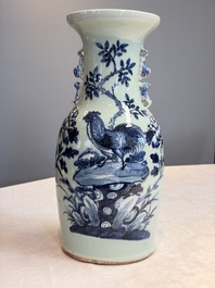Two Chinese blue and white celadon-ground vases and a blue and white vase, on wooden stands, 19th C.