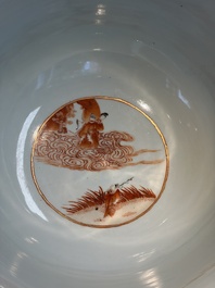 A large Chinese iron-red and gilt-decorated powder-blue-ground bowl with narrative design, 19th C.