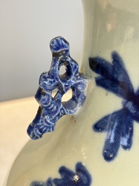 Two Chinese blue and white celadon-ground vases and a blue and white vase, on wooden stands, 19th C.