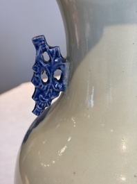 Two Chinese blue and white celadon-ground vases and a blue and white vase, on wooden stands, 19th C.