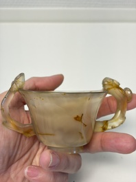 A Chinese agate cup with two lingzhi-form handles, 19th C.