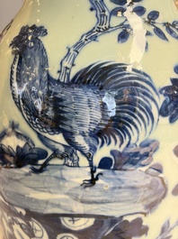 Two Chinese blue and white celadon-ground vases and a blue and white vase, on wooden stands, 19th C.