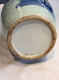 Two Chinese blue and white celadon-ground vases and a blue and white vase, on wooden stands, 19th C.
