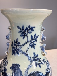 Two Chinese blue and white celadon-ground vases and a blue and white vase, on wooden stands, 19th C.