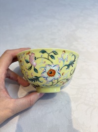 A Chinese famille rose sgraffito lemon-yellow-ground 'Flower Scrolls' bowl, Qianlong mark, 20th C.