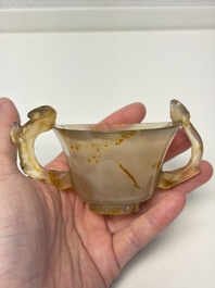 A Chinese agate cup with two lingzhi-form handles, 19th C.