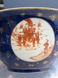 A large Chinese iron-red and gilt-decorated powder-blue-ground bowl with narrative design, 19th C.