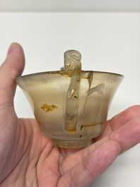 A Chinese agate cup with two lingzhi-form handles, 19th C.