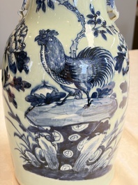 Two Chinese blue and white celadon-ground vases and a blue and white vase, on wooden stands, 19th C.