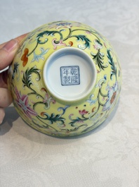A Chinese famille rose sgraffito lemon-yellow-ground 'Flower Scrolls' bowl, Qianlong mark, 20th C.