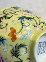 A Chinese famille rose sgraffito lemon-yellow-ground 'Flower Scrolls' bowl, Qianlong mark, 20th C.