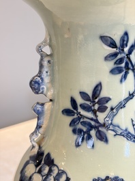 Two Chinese blue and white celadon-ground vases and a blue and white vase, on wooden stands, 19th C.