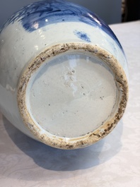 Two Chinese blue and white celadon-ground vases and a blue and white vase, on wooden stands, 19th C.
