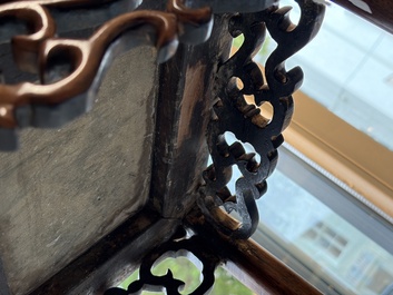 Two Chinese marble-topped hongmu stands, 19/20th C.