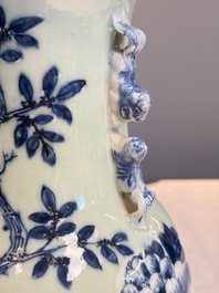 Two Chinese blue and white celadon-ground vases and a blue and white vase, on wooden stands, 19th C.