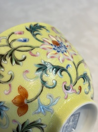 A Chinese famille rose sgraffito lemon-yellow-ground 'Flower Scrolls' bowl, Qianlong mark, 20th C.