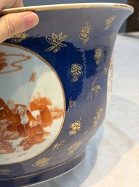 A large Chinese iron-red and gilt-decorated powder-blue-ground bowl with narrative design, 19th C.