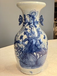 Two Chinese blue and white celadon-ground vases and a blue and white vase, on wooden stands, 19th C.
