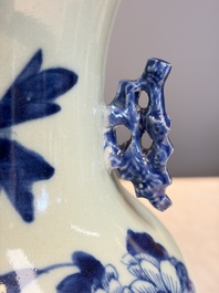 Two Chinese blue and white celadon-ground vases and a blue and white vase, on wooden stands, 19th C.