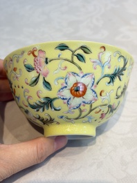 A Chinese famille rose sgraffito lemon-yellow-ground 'Flower Scrolls' bowl, Qianlong mark, 20th C.
