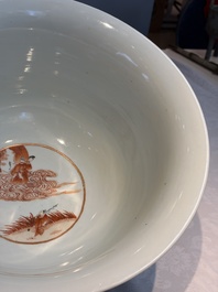 A large Chinese iron-red and gilt-decorated powder-blue-ground bowl with narrative design, 19th C.