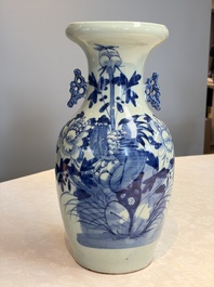 Two Chinese blue and white celadon-ground vases and a blue and white vase, on wooden stands, 19th C.