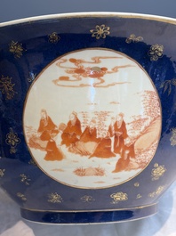 A large Chinese iron-red and gilt-decorated powder-blue-ground bowl with narrative design, 19th C.