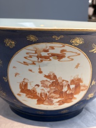 A large Chinese iron-red and gilt-decorated powder-blue-ground bowl with narrative design, 19th C.
