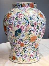 A large Chinese famille rose 'Millefleurs' baluster vase and cover, Yongzheng mark, Republic