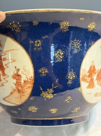 A large Chinese iron-red and gilt-decorated powder-blue-ground bowl with narrative design, 19th C.