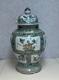 A large Chinese famille verte baluster vase and cover with animals, flowers and antiquities, Chenghua mark, 19th C.