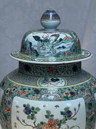 A large Chinese famille verte baluster vase and cover with animals, flowers and antiquities, Chenghua mark, 19th C.