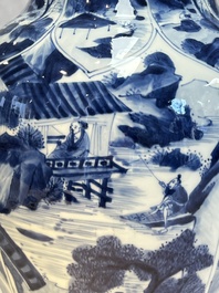 A Chinese blue and white covered vase with figures in landscapes, Kangxi