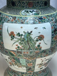 A large Chinese famille verte baluster vase and cover with animals, flowers and antiquities, Chenghua mark, 19th C.