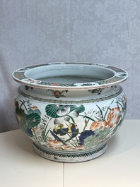 A large French famille verte-style 'Lotus Pond with Birds' fish bowl or jardini&egrave;re, Samson, Paris, 19th C.