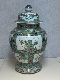 A large Chinese famille verte baluster vase and cover with animals, flowers and antiquities, Chenghua mark, 19th C.