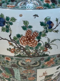 A large Chinese famille verte baluster vase and cover with animals, flowers and antiquities, Chenghua mark, 19th C.