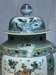 A large Chinese famille verte baluster vase and cover with animals, flowers and antiquities, Chenghua mark, 19th C.